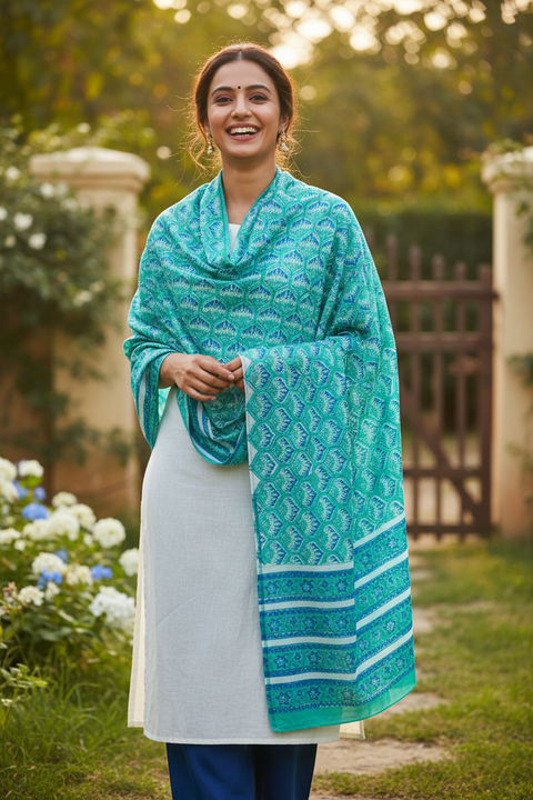 Green Teal Mul Cotton Dupatta | Sanganeri Geometric Block Print | 250x120cm