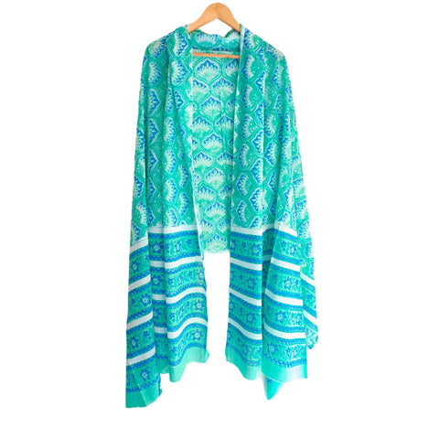 Green teal mulmul dupatta 250x120cm draped view, Sanganeri geometric print – Indiascarves