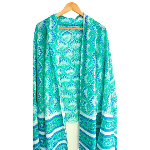Border detail of green teal Sanganeri geometric block print mul cotton dupatta – ISYVSK-A26