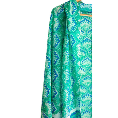 Full flat lay of green teal Sanganeri geometric block print mulmul dupatta – ISYVSK-A26