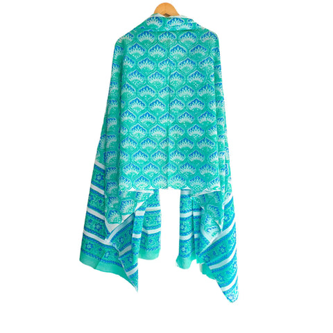 Green Teal Mul Cotton Dupatta | Sanganeri Geometric Block Print | 250x120cm – ISYVSK-A26