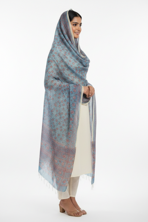 Kota Doria Bagru Hand Block Print Cotton Silk Dupatta | Floral Block Print | 235×90 cm – ISYVSK-B-01