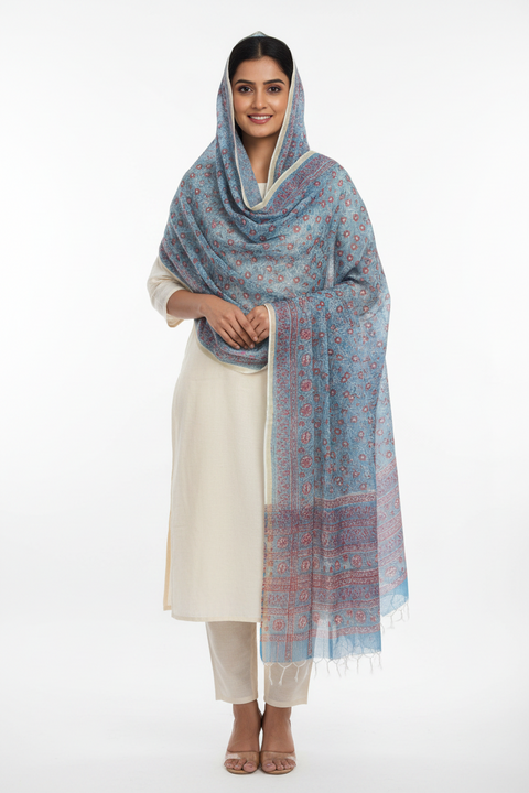 Kota Doria Bagru Hand Block Print Cotton Silk Dupatta | Floral Block Print | 235×90 cm – ISYVSK-B-01