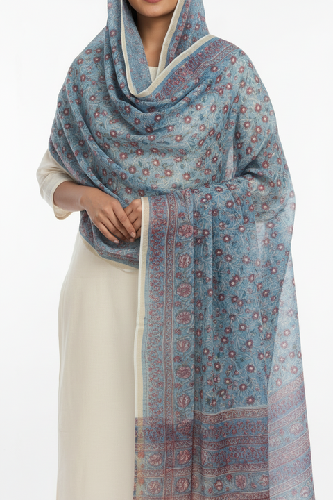 Kota Doria Bagru Hand Block Print Cotton Silk Dupatta | Floral Block Print | 235×90 cm – ISYVSK-B-01