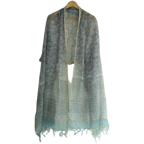 Draped view of sage green Kota Doria Bagru floral buti block print dupatta – ISYVSK-B-03