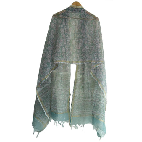 Gold zari border and Kota Doria texture detail – sage green Bagru block print dupatta ISYVSK-B-03
