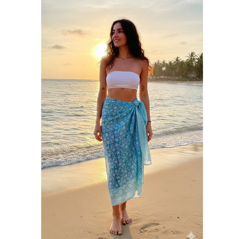 Bagru Block Print Sarong, Sarong Beach Wrap, Cotton Sarong,Pareo, Summer Pareo ,Size 45X80 Inc light blue color