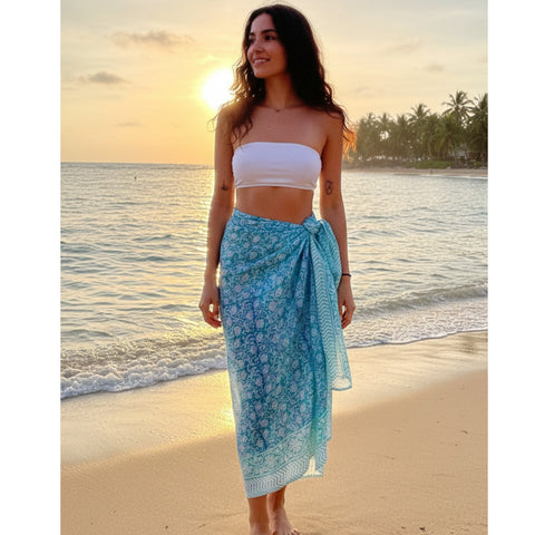 Bagru Block Print Sarong, Sarong Beach Wrap, Cotton Sarong,Pareo, Summer Pareo ,Size 45X80 Inc light blue color