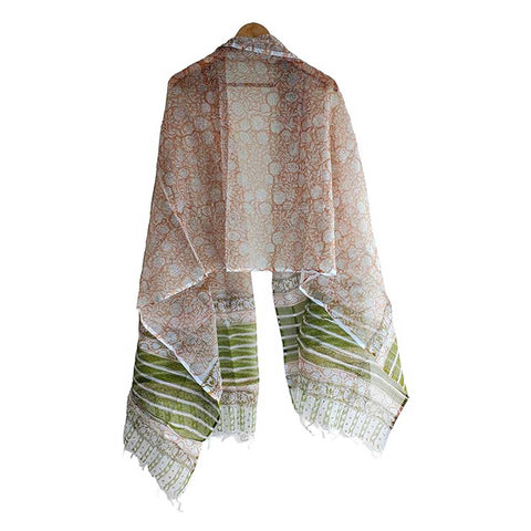 India Scarves Bagru Hand Block Floral Kota Doria Cotton Silk Floral Dupatta( Beige Color )
