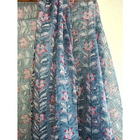 India Scarves Kota Doria Kalamkari Cotton Silk Red And Blue Colour Floral Dupatta