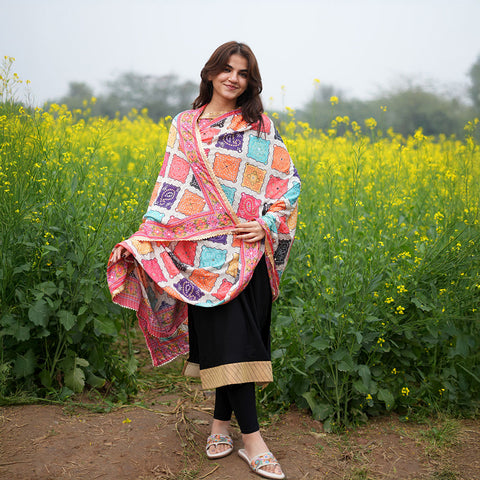 Pakistani Digital Printed Chinnon Multicoloured Dupatta With Heavy Mirror Work