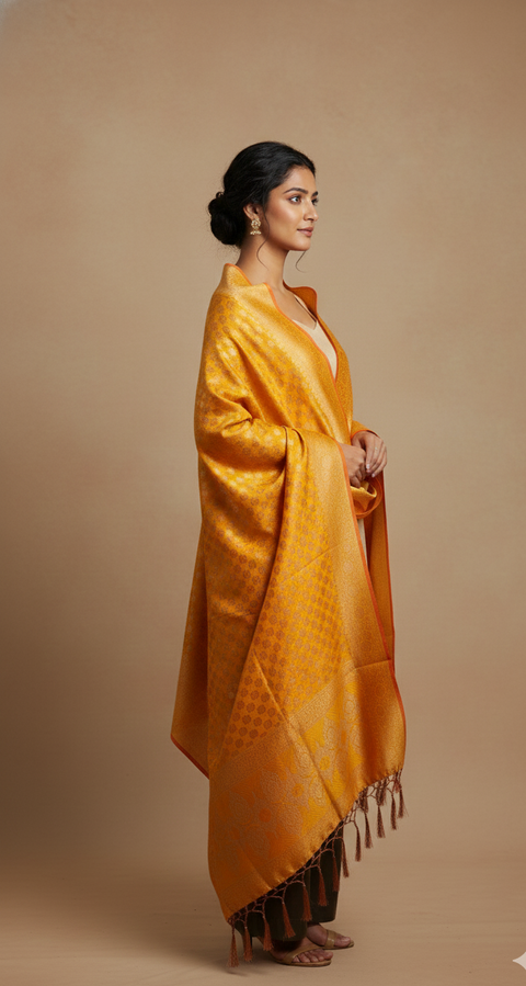 India scarves Banarasi Brocade with Floral Grid, Ornamental Border, and Tassel Finish