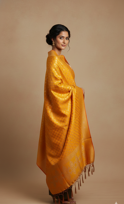 India scarves Banarasi Brocade with Floral Grid, Ornamental Border, and Tassel Finish