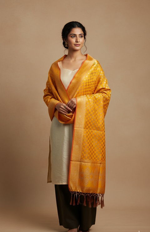 India scarves Banarasi Brocade with Floral Grid, Ornamental Border, and Tassel Finish