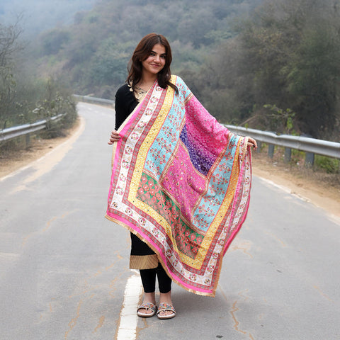 Pakistani Digital Printed Chinnon Multicoloured Dupatta With Heavy Mirror Work