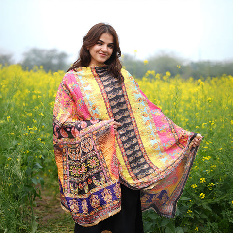 Pakistani Digital Printed Chinnon Multicoloured Dupatta With Heavy Mirror Work