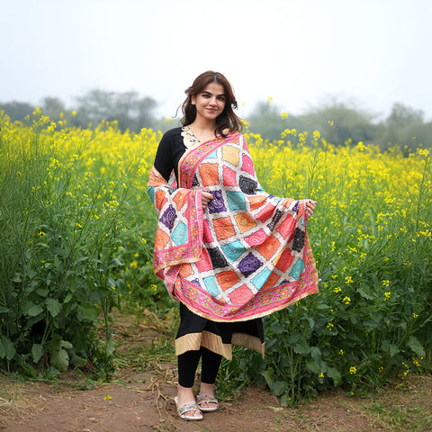 Pakistani Digital Printed Chinnon Multicoloured Dupatta With Heavy Mirror Work