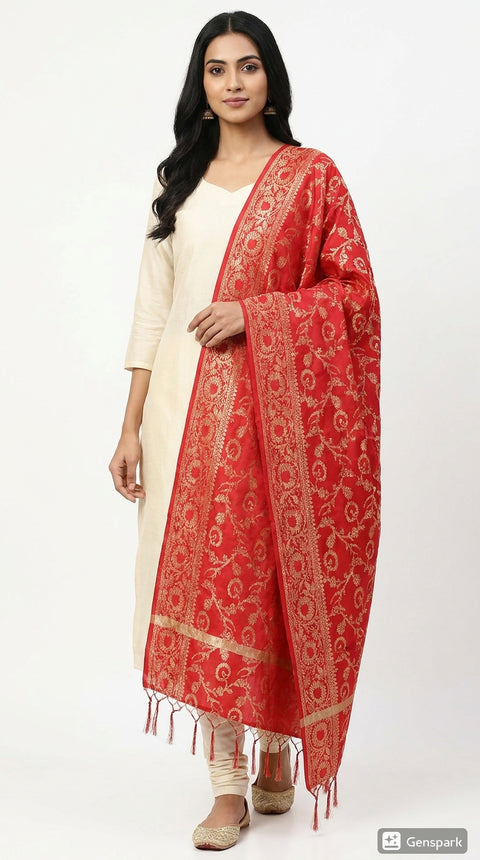 Red Banarasi Silk Dupatta with Vine Motifs | Art Silk Jacquard Woven | Bridal