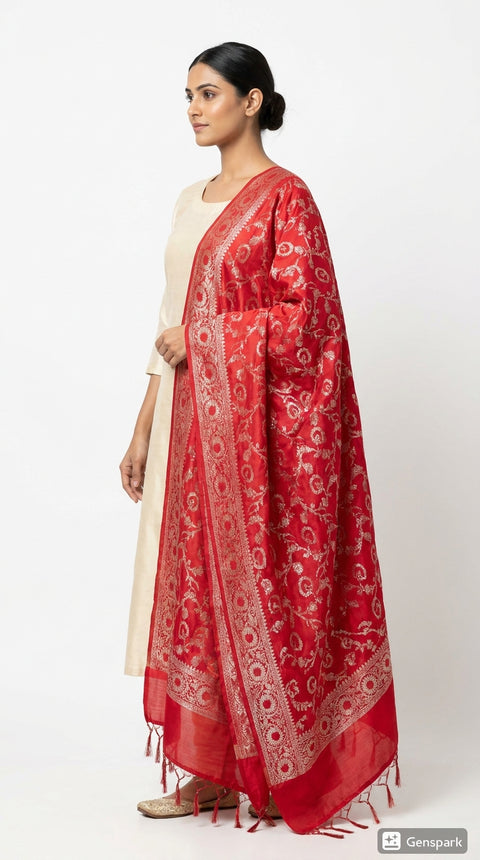 Red Banarasi Silk Dupatta with Vine Motifs | Art Silk Jacquard Woven | Bridal