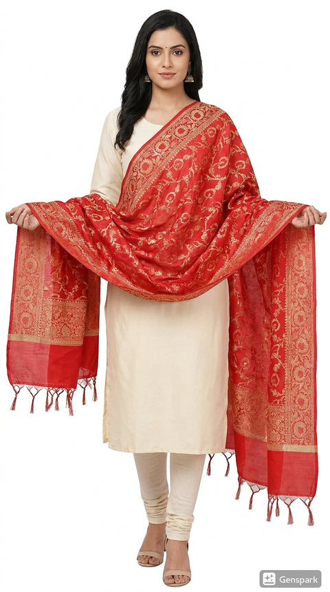 Red Banarasi Silk Dupatta with Vine Motifs | Art Silk Jacquard Woven | Bridal
