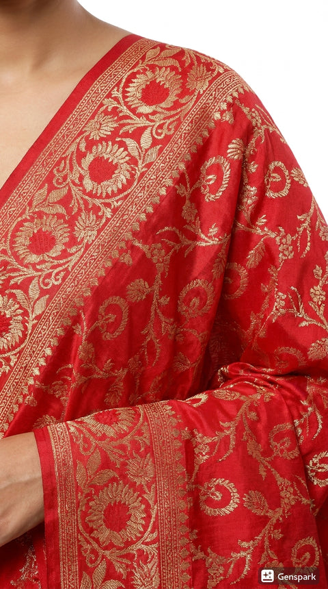 Red Banarasi Silk Dupatta with Vine Motifs | Art Silk Jacquard Woven | Bridal