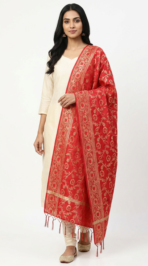 Red Banarasi Silk Dupatta with Vine Motifs | Art Silk Jacquard Woven | Bridal