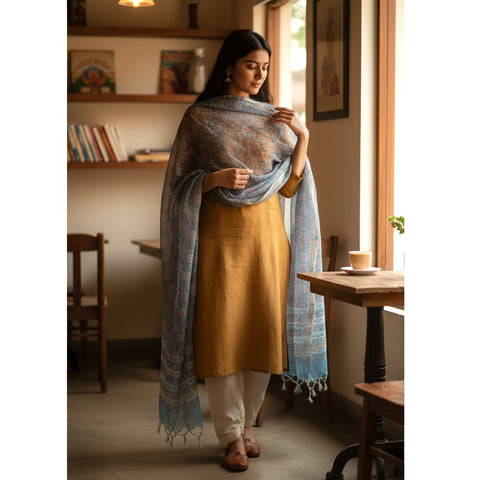 indiascarves blue cotton silk Kota Doria dupatta with floral Bagru hand block print and decorative border