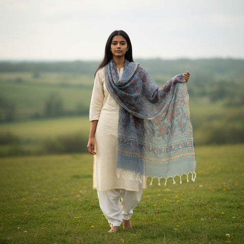 indiascarves blue and red floral block print cotton silk Kota Doria dupatta with tasseled edges