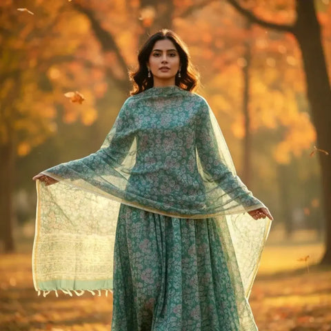 Sage Green Kota Doria Dupatta | Bagru Floral Buti Block Print | 235x90cm