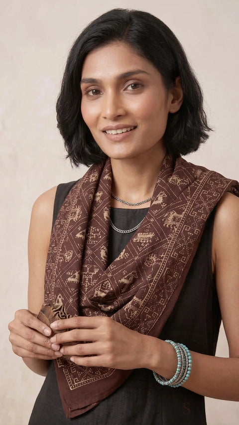 Brown Ajrakh printed cotton stole ISAK16-06A — model in black dress with handcrafted Indian scarf — Indiascarves