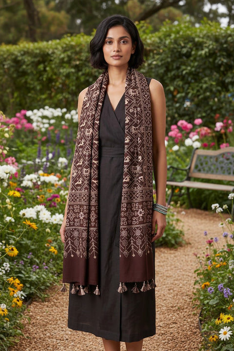 Brown Ajrakh cotton stole ISAK16-06A draped — 55x210 cm Indian dupatta with paisley motifs — Indiascarves