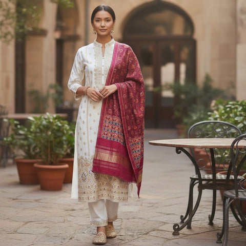 indiascarves traditional Indian modal silk dupatta in coral red with geometric patola print and gold accents.