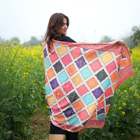 Pakistani Digital Printed Chinnon Multicoloured Dupatta With Heavy Mirror Work