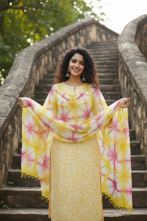 India Scarves Bagru Hand Block Floral kota Doria silk cotton Dupatta (Yellow)