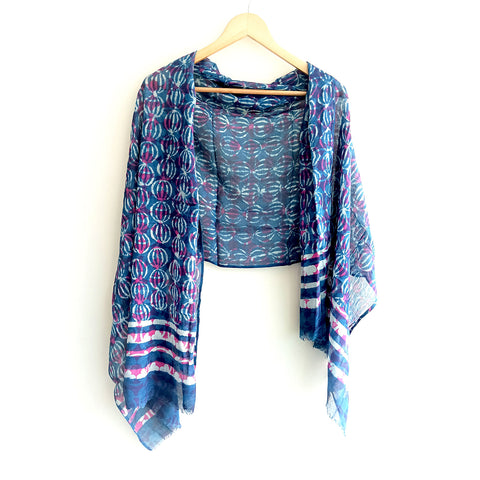 Hand Block Cotton Pink and Blue Scarf