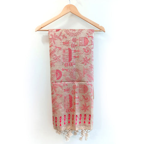 Women's Bastar Tribal Art Embroidery Pure Kosa Silk Dupatta with Tassels