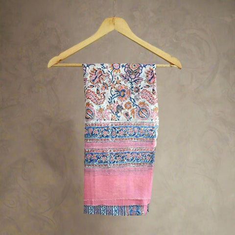 Bagru Hand Block Printed Pure Cotton Pink Stole Size 96X243 Cm