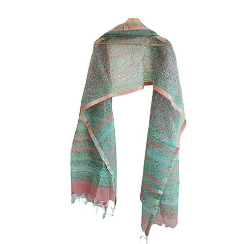 Handmade Kota Silk Cotton pink and Green Dupatta Size 55X185 Cm