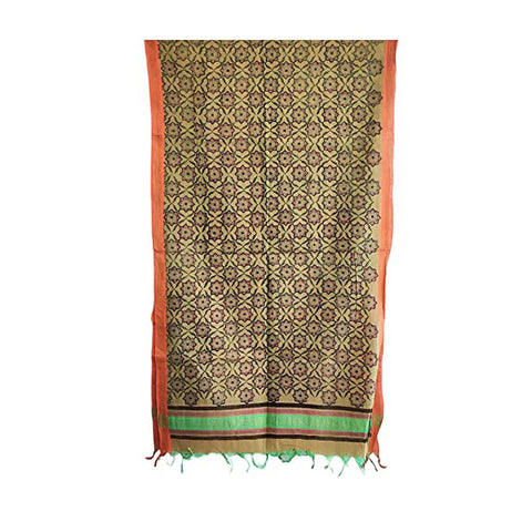 Bagru Hand Block Chandari Silk Cotton Orange and Green Color Dupatta Size 55X185 Cm