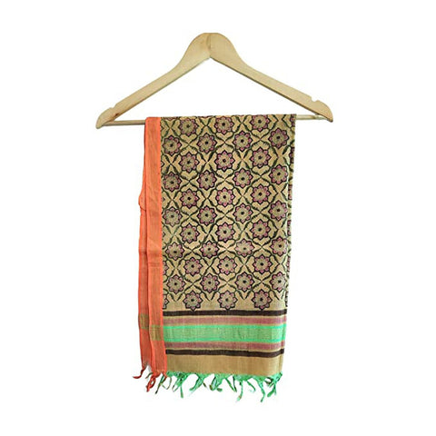 Bagru Hand Block Chandari Silk Cotton Orange and Green Color Dupatta Size 55X185 Cm