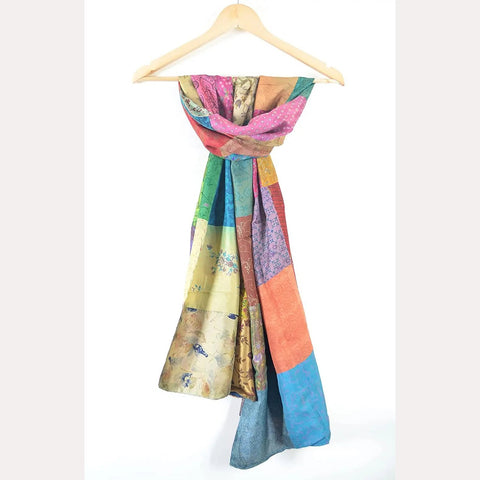 India Scarves Women's Multi colour Vintage Patch work Silk Reversible Stole indiascarves