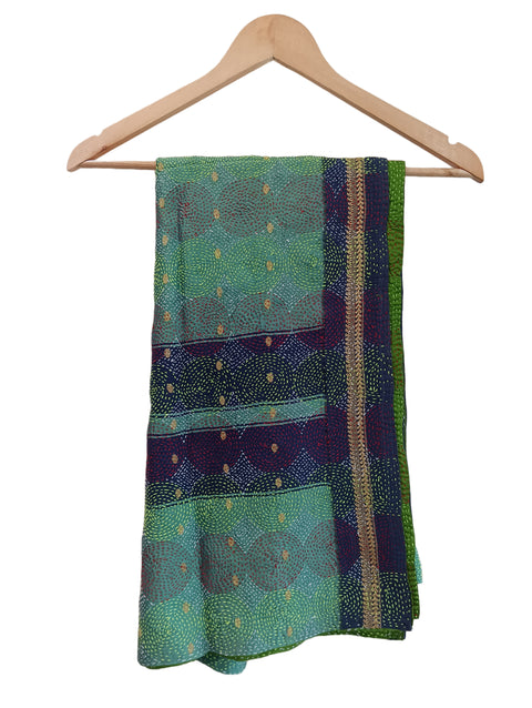 Vibrant Silk Shawl with Intricate Hand-Embroidered Kantha Design